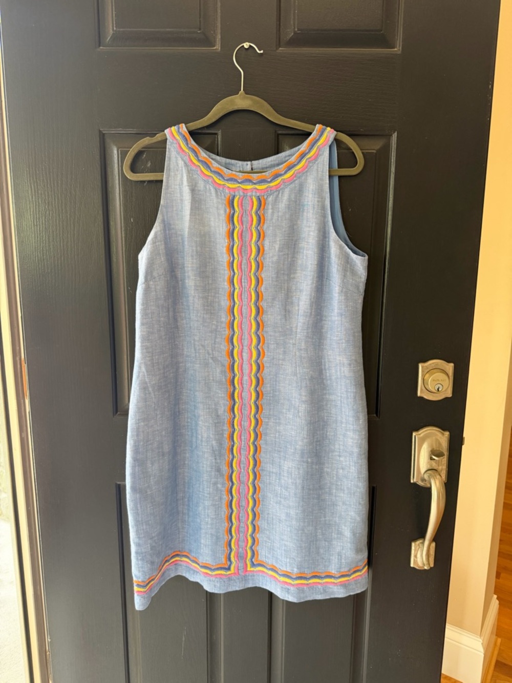 Sleeveless Light Blue Shift Dress with Multicolor Trim